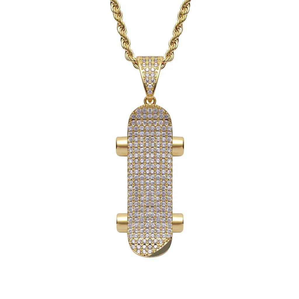 Pendentif Colliers Or 18K Skateboard Collier Discothèque Bling Diamant Cubique Zircon Hip Hop Bijoux Ensemble Hommes Femmes En Acier Inoxydable Ch Dhjze