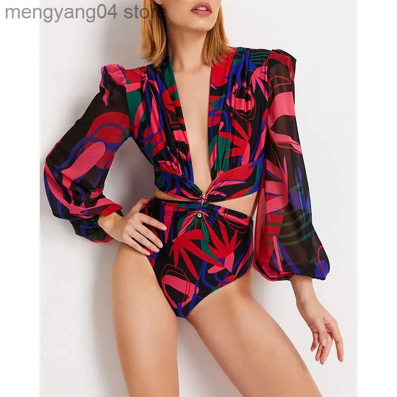 Women's Swimwear One Piece Swimsuit Sexy Long Sleeve Tropical Print Swimwear Women Bandage Monokini Hollow Out Bathing Suit String Beachwear 2023 T230606