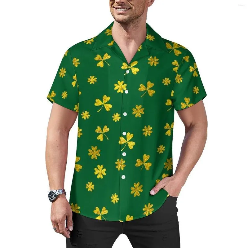 Mäns avslappnade skjortor St Patricks dag skjorta guld irländska shamrocks semester lös sommar streetwear blusar kort ärm överdimensionerad topp