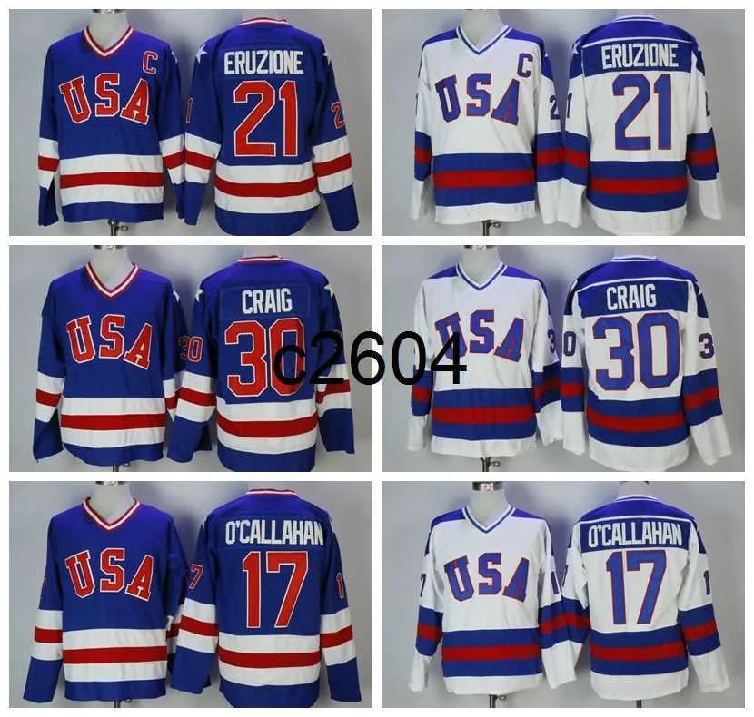 c2604 1980 Vintage USA Hockey Jerseys 21 MIKE ERUZIONE 30 JIM CRAIG 17 JACK O'CALLAHAN Blauw Wit Gestikt Jersey C Patch M-XXXL