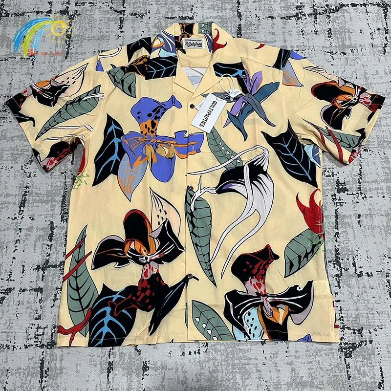 Camisas Casuais Masculinas Amarelo Marinho Verde Havaí Estilo Praia Wacko Maria Homens Mulheres Camisas Flores Estampadas Manga Curta Lapela Top Com Etiquetas