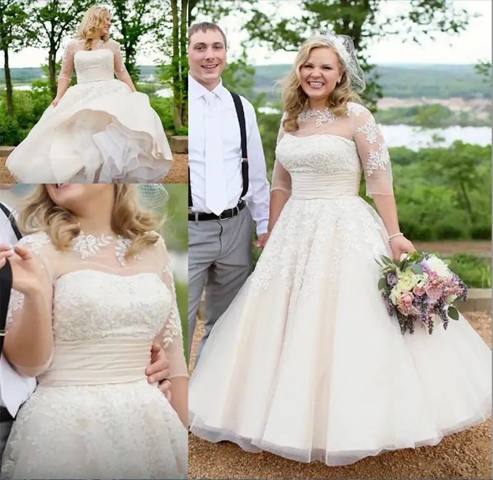 Vintage Lace Applique Ankle Length High Low Wedding Dresses With Half Sleeves Plus Size Beige Countryside Bridal Gown 2023 Vestido De Novia L918 From Verycute 68.74 DHgate.Com
