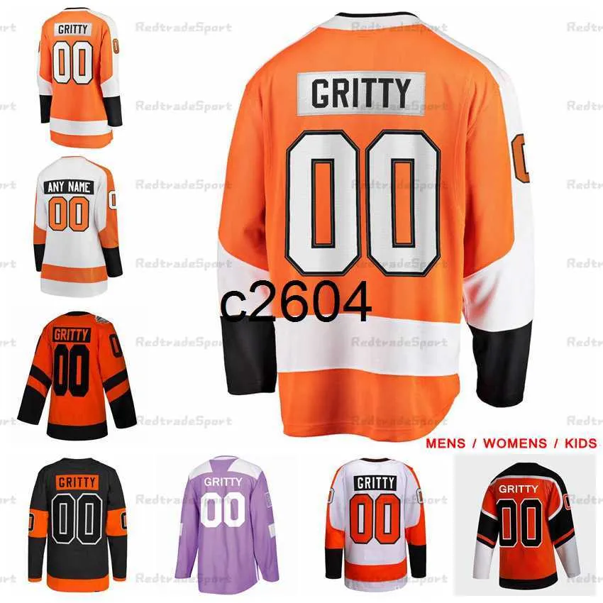 c2604 Personalizar Hombres Mujeres Niños 00 Gritty Hockey Jerseys Negro Naranja Camisa personalizada Ladies Youth Jersey cosido