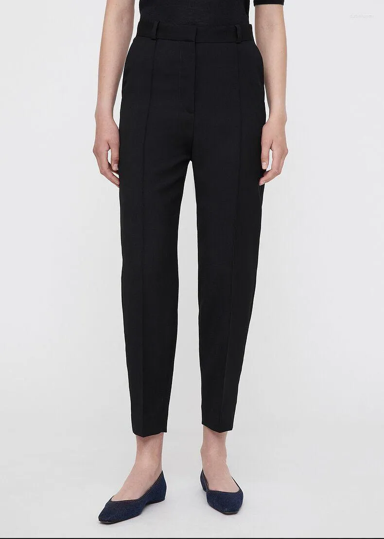 Pantalon femme mode pantalon en sergé de laine à plis cousus noir taille haute avec passants de ceinture poches latérales