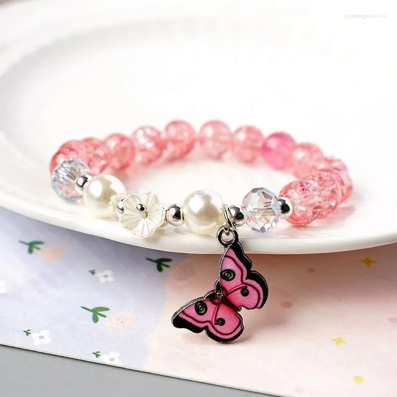 Charmarmband utsökt blomma imitation pärla fjäril kristallpärlor armband för kvinnor elastiska justerbara färgglada pärlor smycken