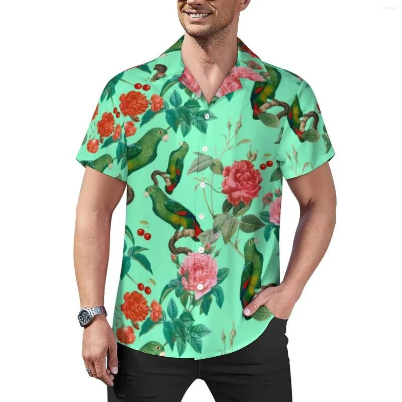 メンズカジュアルシャツオウムパターンレッドとピンクのバラバケーションシャツ夏のストリートスタイルのブラウス男性