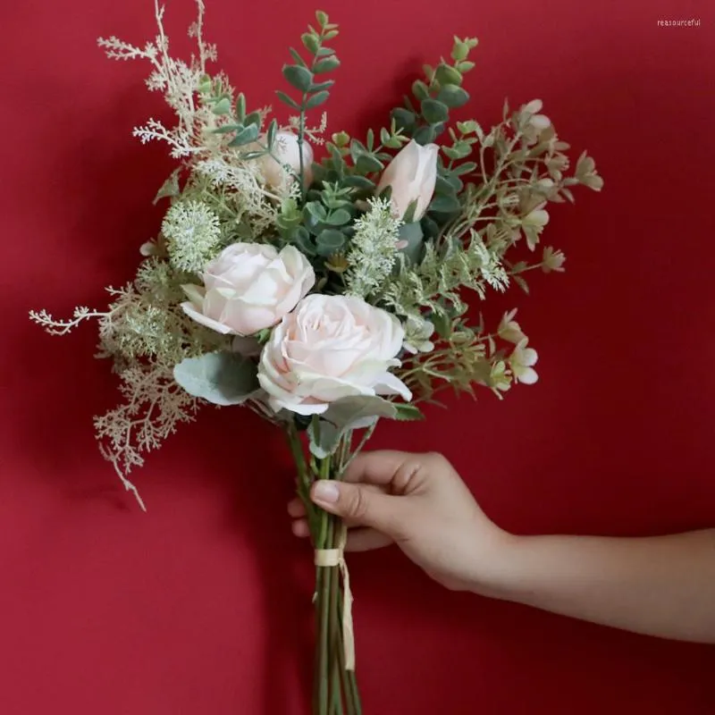 Decorative Flowers Hybrid Bouquet Eucalyptus Roses Gypsophila Fake Flower Bridal Hand For Wedding Home Party Decoration Artificial