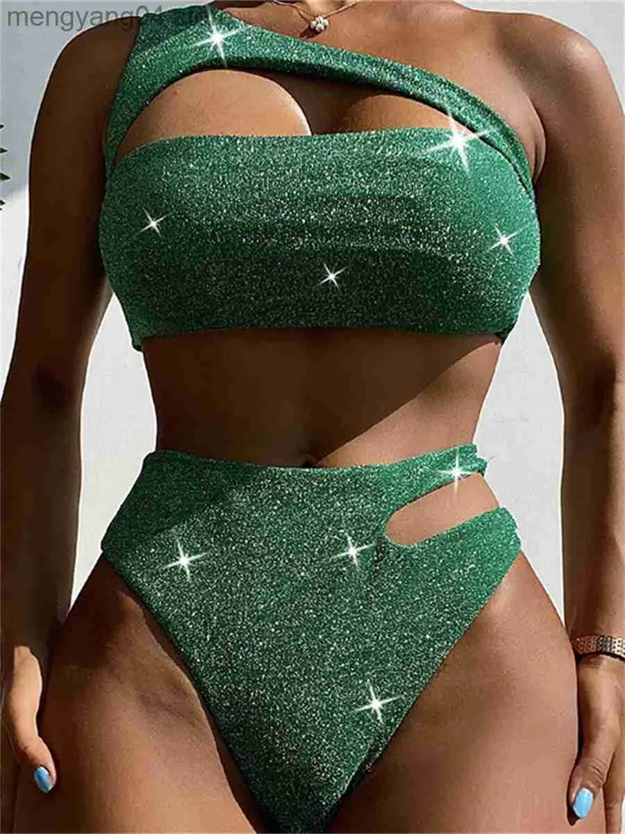 Roupa de banho feminina sexy um ombro biquíni feminino brilhante verde sólido corte push up duas peças maiô 2023 verão maiô cintura alta maiô t230606