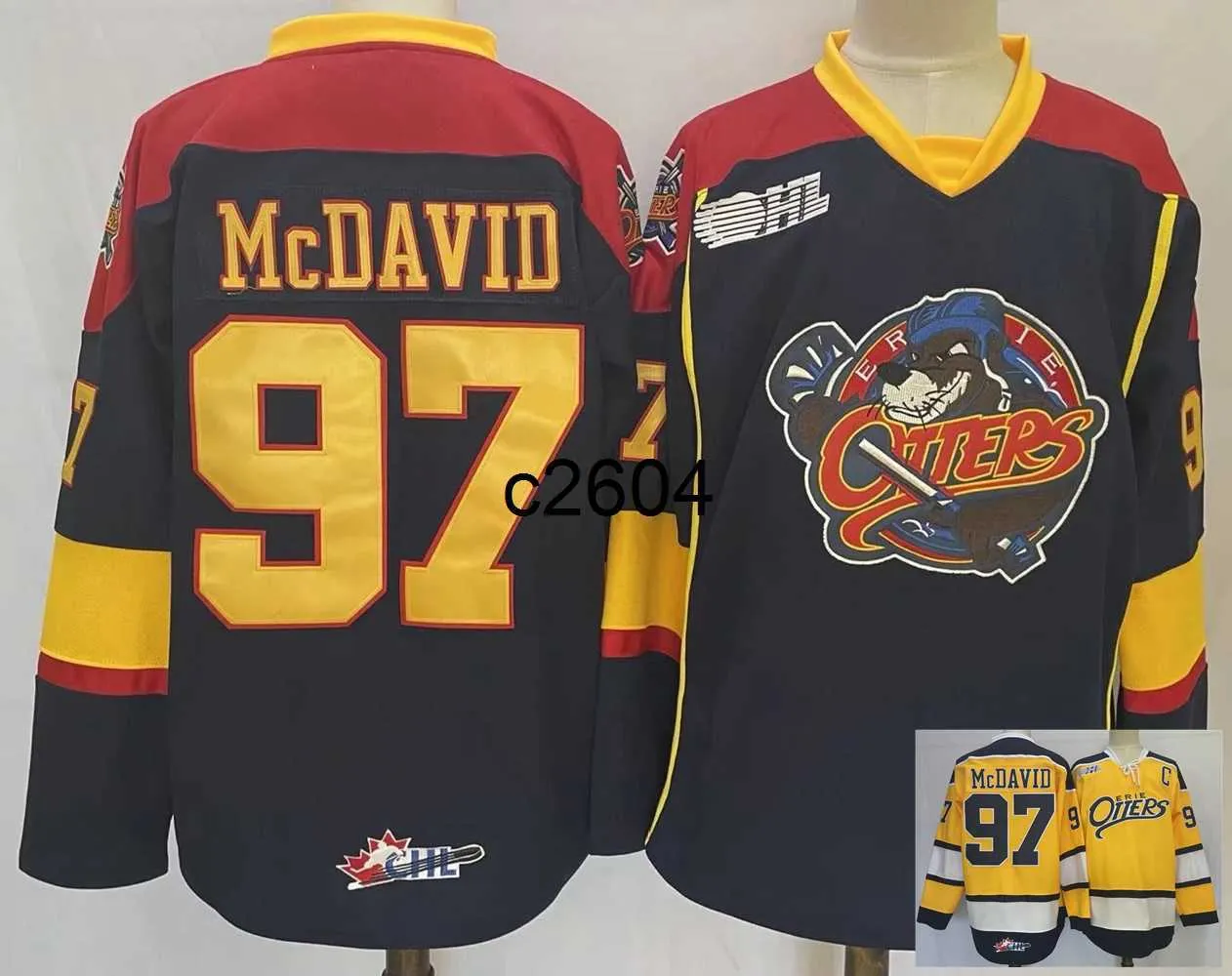 NCAA Erie Otters College 97 Connor McDavid Stitched Hockey Jersey Navy Blue Yellow M XXXL