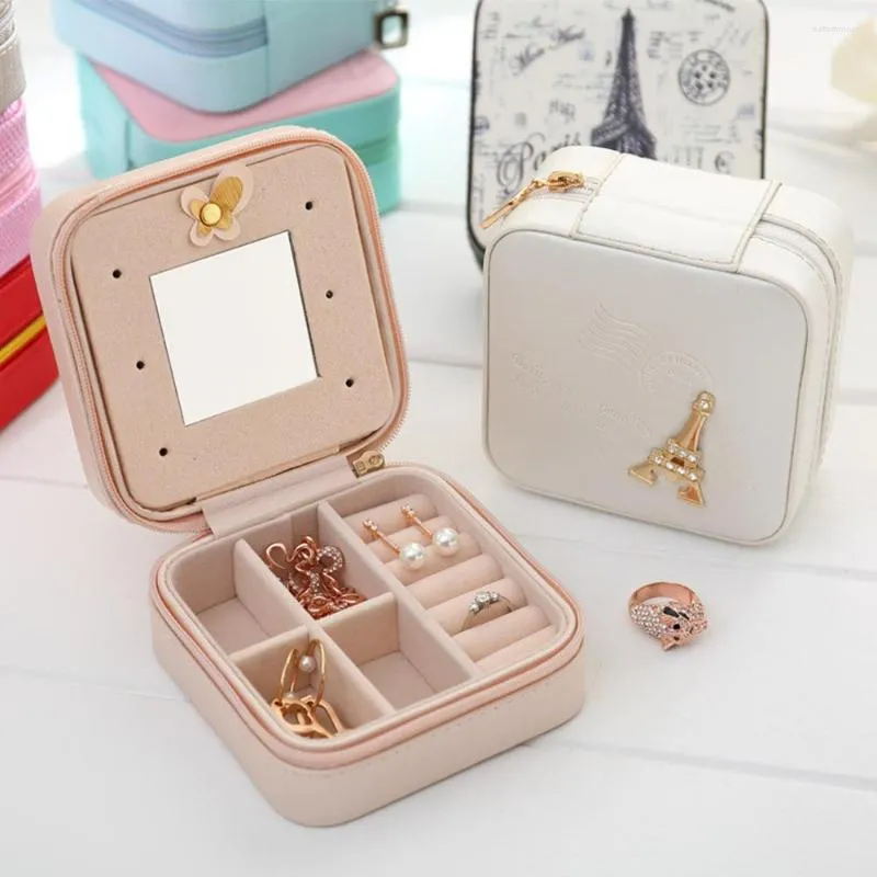 Jewelry Pouches Cute Necklace Rings Earrings Jewel Storage Box Ewellery PU Leather Travel Small Jewellery Organiser For Women With Mirror