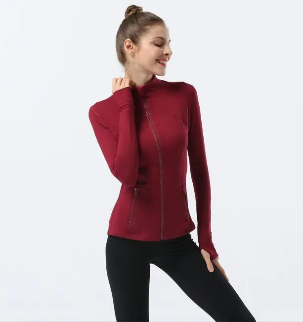 Jaqueta de yoga profissional elegante, blusa de outono e inverno feminina de manga comprida, gola alta, roupa de ginástica de corrida justa, casaco feminino