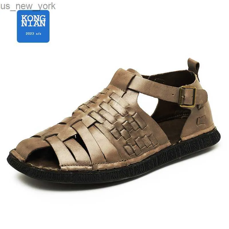 2023 S/s Novas Sandálias Estilo Roma Para Homens Couro Genuíno de Alta Qualidade Sólido Preto Hombre Sapatos Baixos Causais Vestido Diário Adolescentes L230518