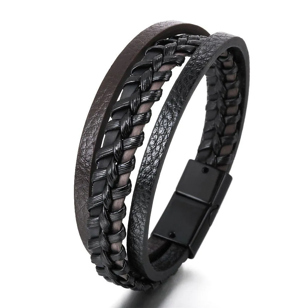 Pulseira de couro PU com punho preto Mtilayer trançado fecho magnético pulseiras para homens joias da moda entrega direta Dhgxp