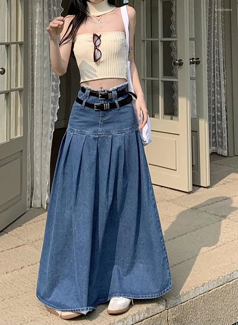 Skirts Maxi Midi Long Denim Skirt With Belt Women's Jean Y2k Cloth Summer Korean Fashion 2023 Pleated High Waist Gothic Harajuku