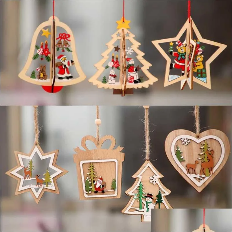 Decorazioni natalizie Ornamenti in legno Appendere Albero Cuore Fiocco di neve Jingle Bell El Decorazioni per la casa Drop Delivery Giardino Forniture per feste festive Dhhuq