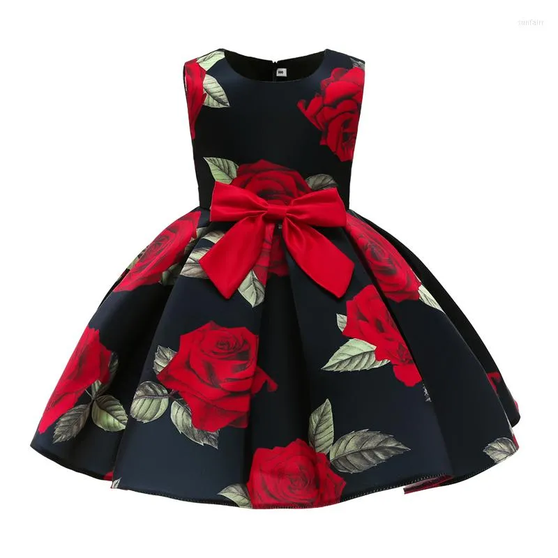 Mädchen Kleider 2023 Weihnachten Kleid Baby Prinzessin Kinder Rose Druck Muster mit Schleife Geburtstag Party Kleidung Kinder Jahre