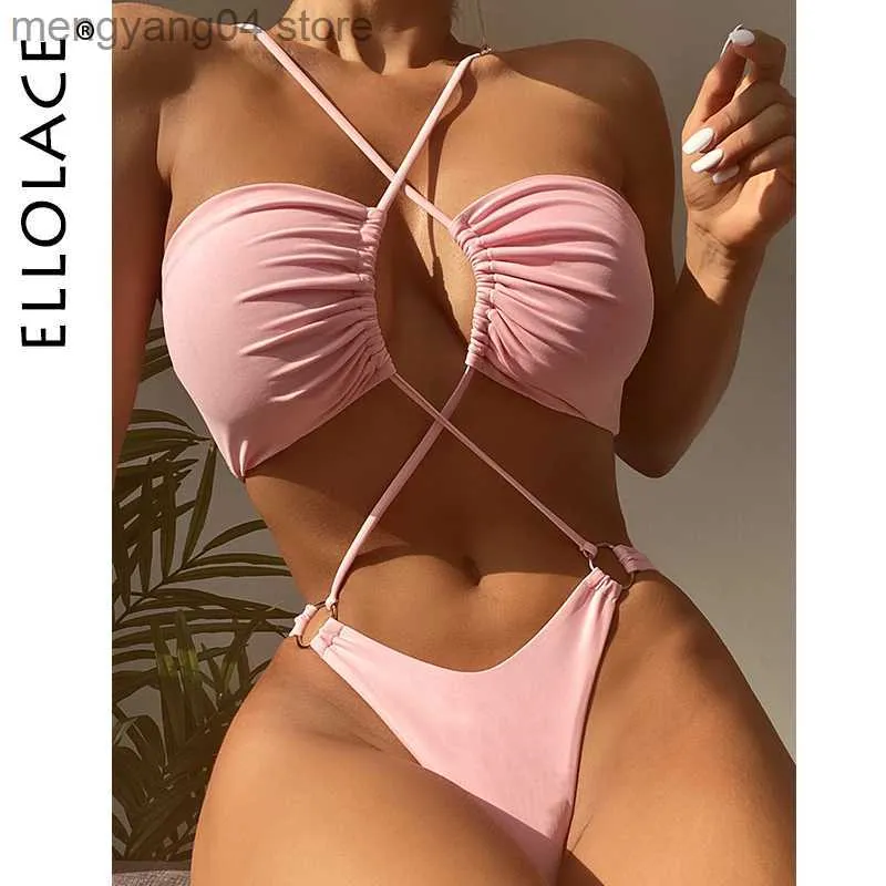 Kvinnors badkläder Ellolace Cross Halter Swimsuit One Piece 2022 Ny Micro Bikini Toe Ruched badkläder Trikini Bandeau Monokini Sexig Beach Wear T230606