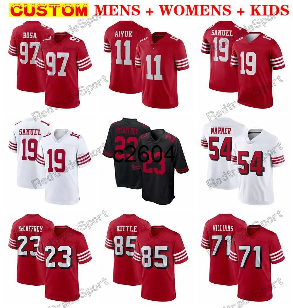 c2604 Hommes Femmes Enfants Football Maillots Christian McCaffrey Aiyuk Deebo Samuel Warner George Kittle Juszczyk Nick Bosa Williams Purdy Lance Hufanga Mitchell 49 Fait