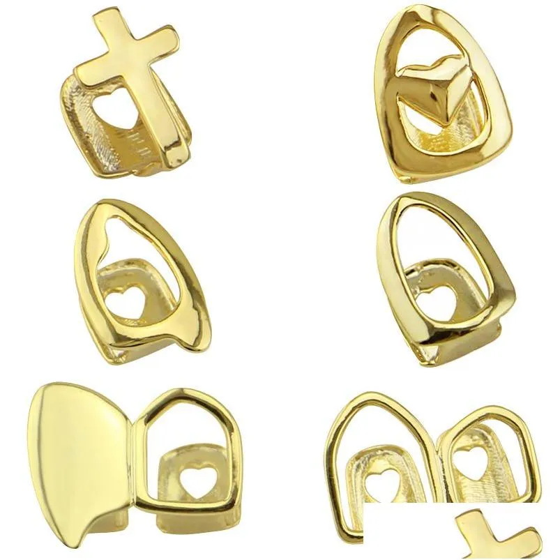 Grillz Dental Grills 18k Gold Grillz Single Hollow Heart Cross Star Mouth Tooth Toop Bottom Tänder Hip Hop Fashion Fine SMEMELLRY DROP DH8XL