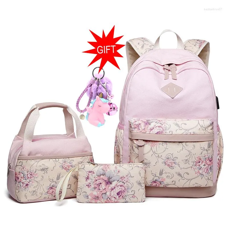 Zaini da scuola in tela impermeabile per ragazze Zaino per libri Set zainetto floreale per laptop Zaino da viaggio per bambini da donna