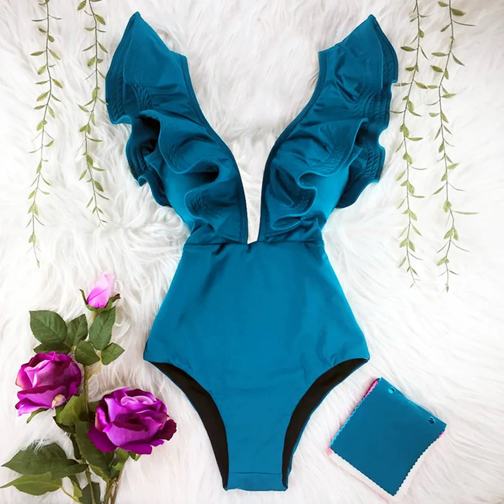 Roupa de banho Sexy Ruffle Print Floral Swim Off The Shoulder Swimwear Women Solid DeepV Beachwear Maiô Monkini 230605