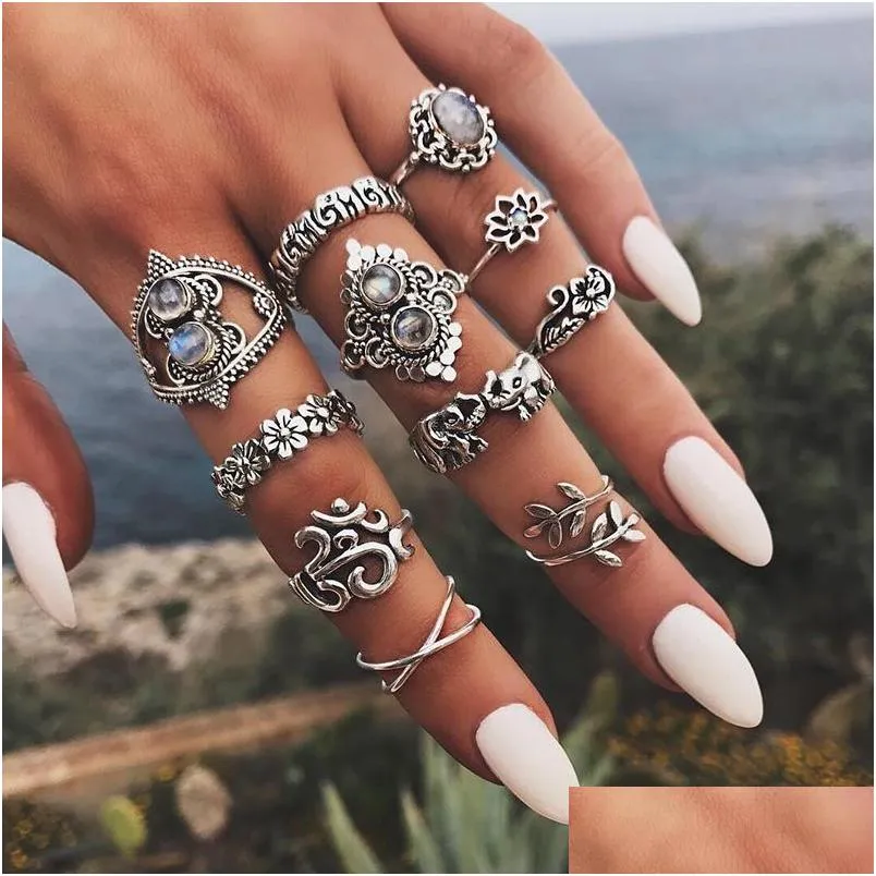 Cluster Ringen Antieke Sier Knuckle Ring Set Olifant Bloem Kroon Stapelen Vrouwen Midi Mode-sieraden Will And Sandy Gift Drop Delive Dhva0