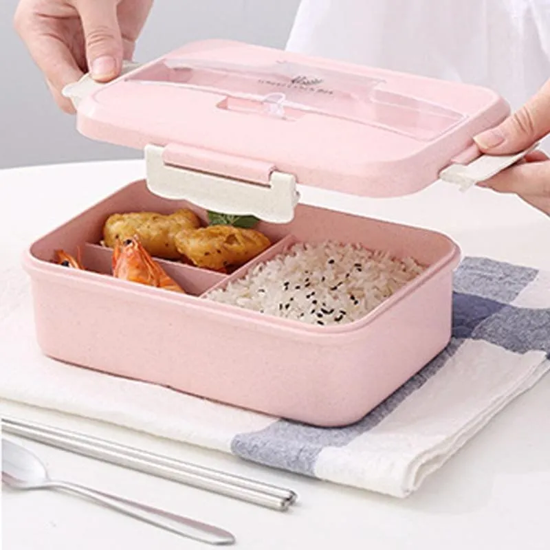 Geschirr-Sets, Lunchbox, 3 Fächer, mit Löffel, Nudeln, Stäbchen, Bento, für Erwachsene und Kinder, mikrowellengeeignet, auslaufsicherer Behälter