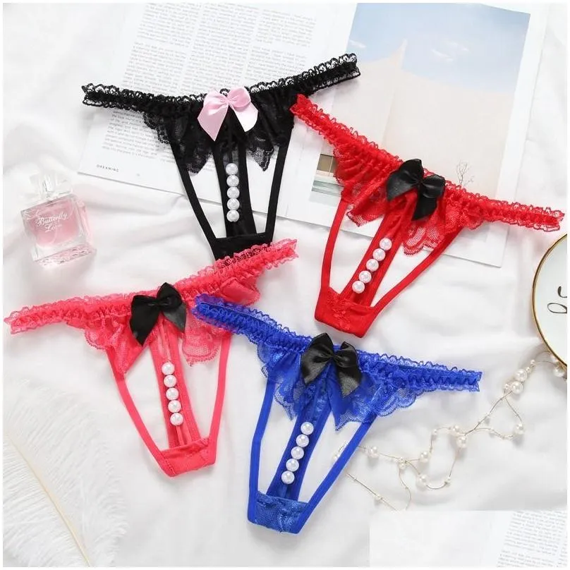 Fio dental feminino Renda cintura baixa Pérola Fio G laço Nó virilha aberta Calcinha sexy para mulheres Lingerie Preto Vermelho Gota Deliv Dhg49