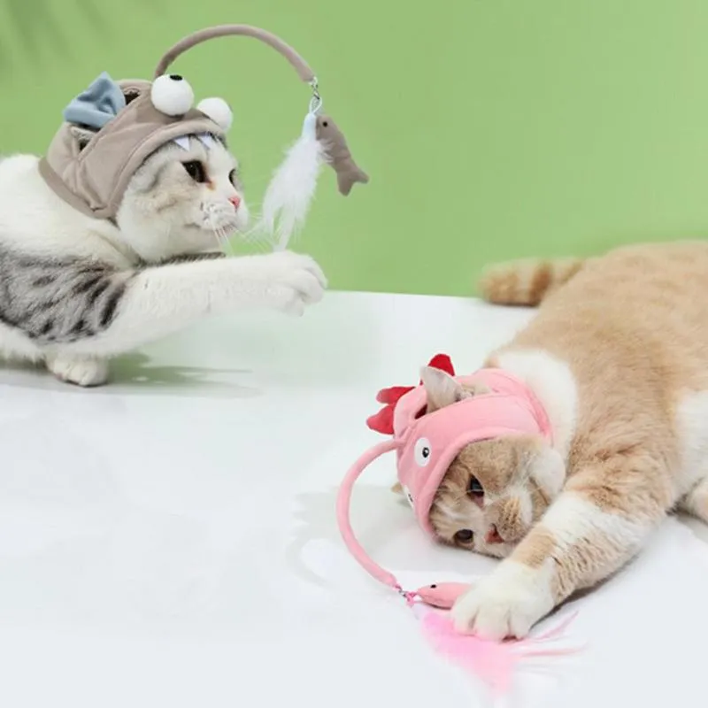 Chat jouets monté sur la tête drôle chat bâton chaton jouets interactifs pêche coiffure chapeau plumes baguette fournitures pour animaux de compagnie chat Teaser tige