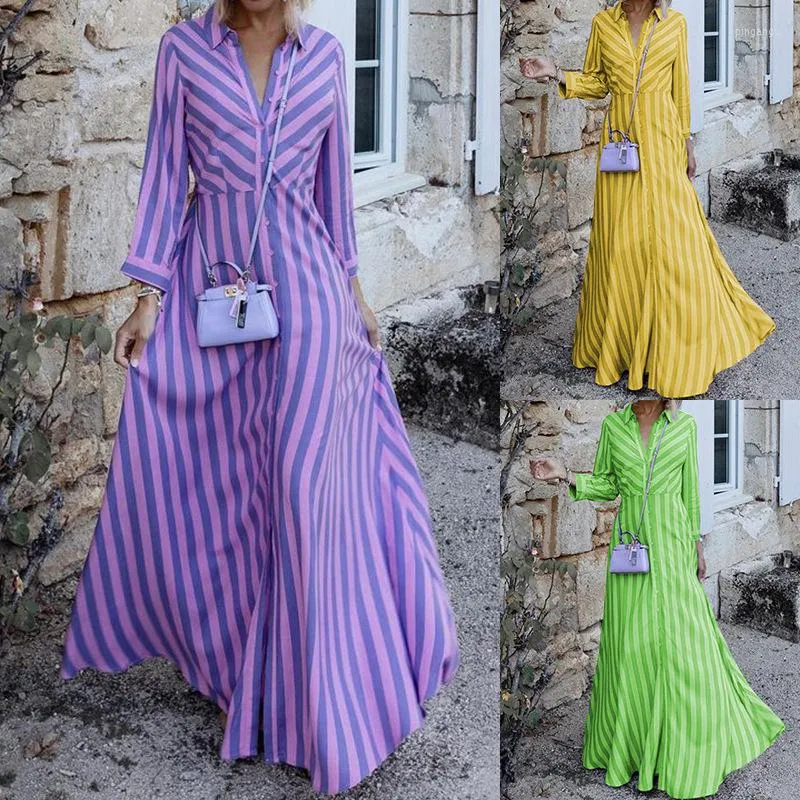 Casual Dresses Women's Stripe Tryckt Maxi Dress Spring Autumn Fashion Turn-Down Collar Long SemeVes Buttons Cardigans Shirt