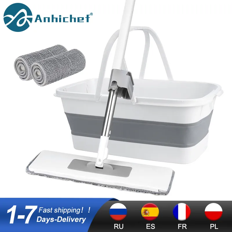 Vadrouilles plates Squeeze Mop avec seau pliant Lavage à la main en microfibre Tampon de rechange automatique Spin Floor Mop Nettoyage ménager 230605