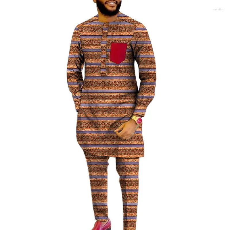 Men's Tracksuits African Print Men Sets Shirt Elastic Waist Pants Nigerian Fashion Tops With Red Breast Pocket Wedding Party Outfits