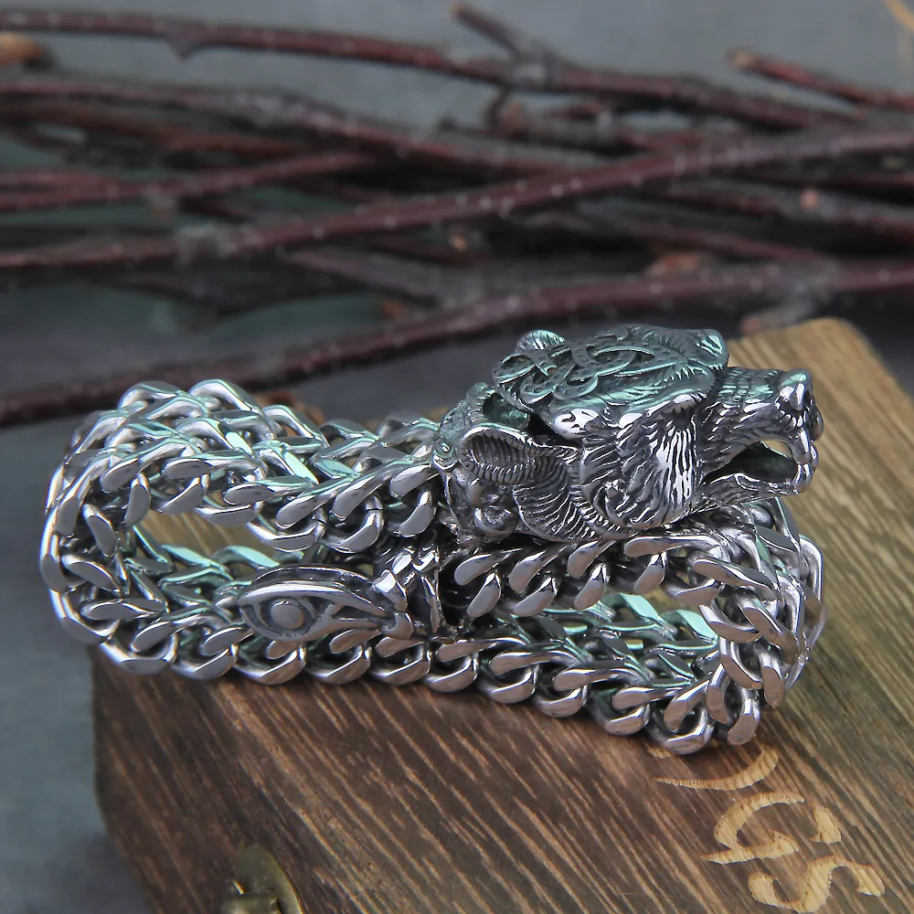 Viking Wolf Bracelet For Men Stainless Steel Mesh Chain With Viking Wolf Bracelet For Men Stainless Steel Mesh Chain With