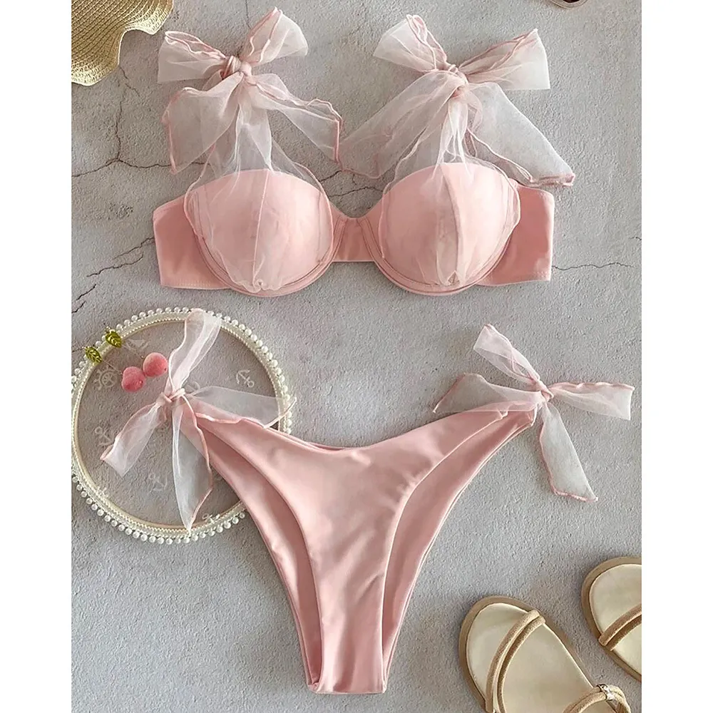 Swim Wear Sexy Pink Pink Bikini Swimsuit отталкивать сетчатые купальники, бразильский купальный костюм бикини пляжная одежда 230605