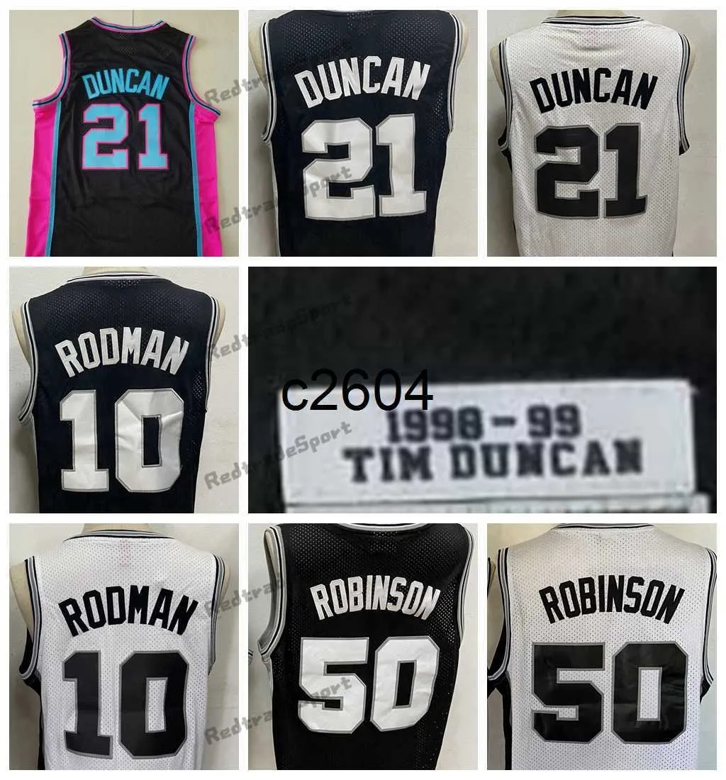 c2604 Herren Vintage 1998–1999 Tim 21 DuncanS Basketball-Trikots David 50 Robinson Dennis 10 Rodman Schwarz genähte Hemden S-XXL