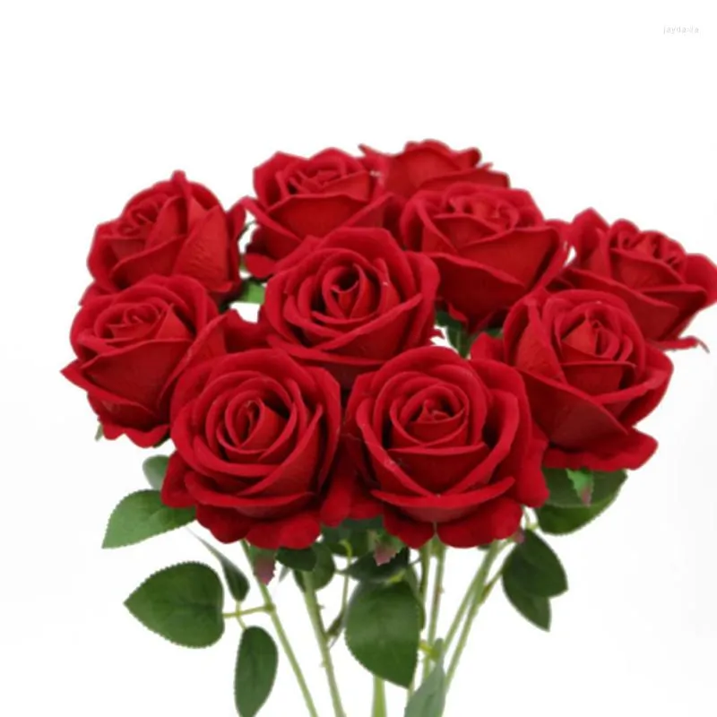 الزهور الزخرفية الحمراء الورود المزيفة الاصطناعية المظهر الحقيقي الفانيليت مع الجذعية للباقات الزفاف DIY ديكور منزل الزفاف
