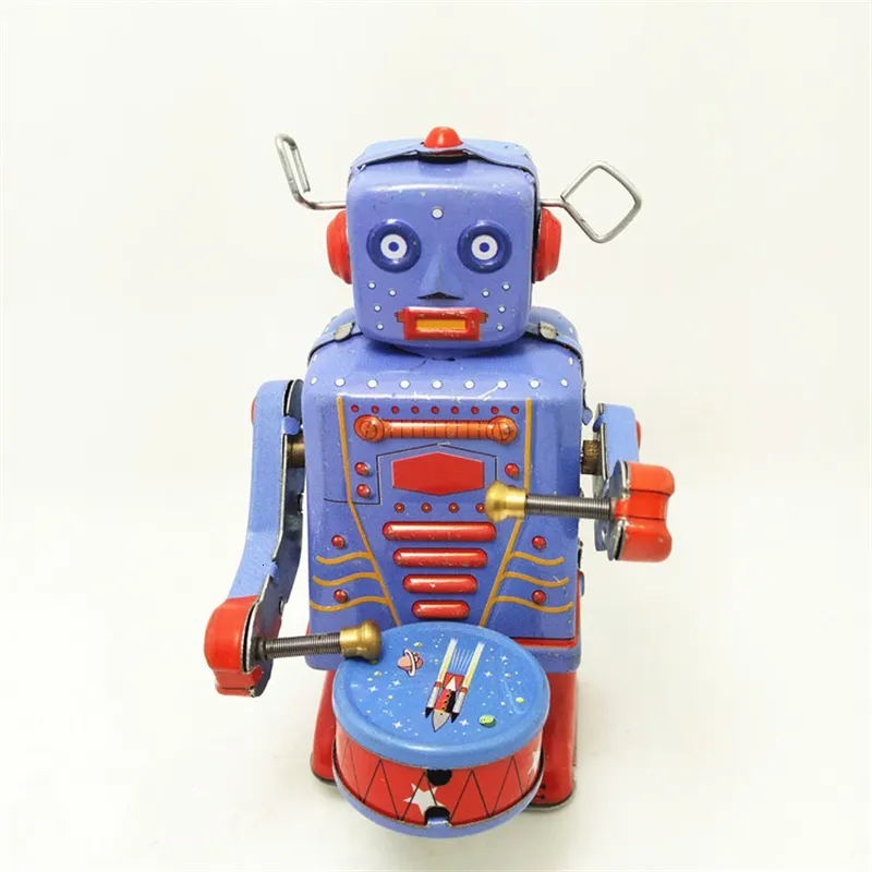 와이즈 장난감 레트로 스타일의 주석 로봇 드럼 장난감 시계 작업 모델 가구 장식 공예 어린이 선물 230605