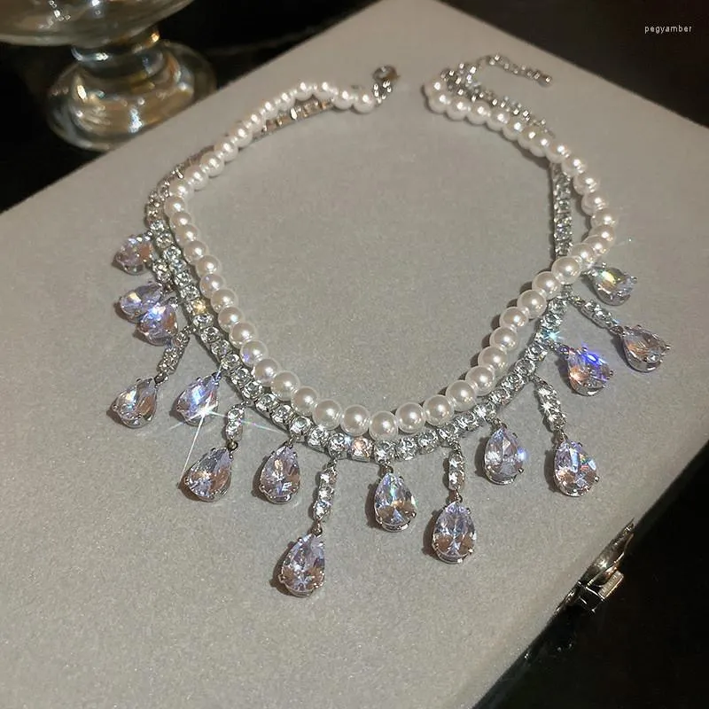 Correntes 2023 colares gargantilha de pérola de luxo para mulheres com borla gota de água cristal zircão joias para banquete de casamento