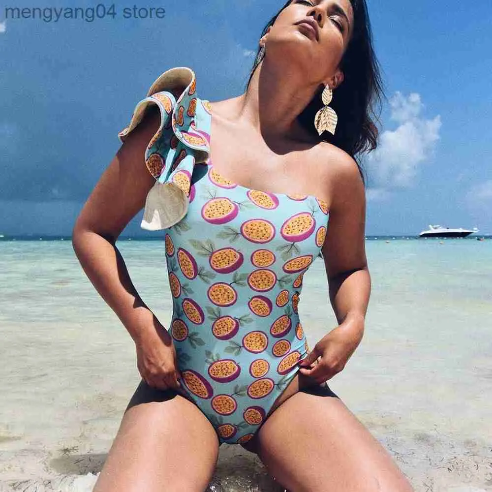 Damenbadebekleidung 2023 Neuer sexy einteiliger Badeanzug mit Druck, Rüschen, One-Shoulder-Badebekleidung, Damen-Badeanzug, Strandkleidung, rückenfrei, Monokini für Damen T230606