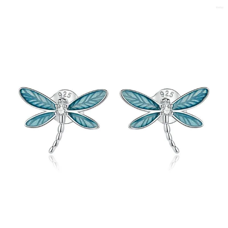 Kolczyki Dangle Fashion S925 Sterling Silver Blue Dragonfly Osobowość dziewczyna cyrkon Drop Oil