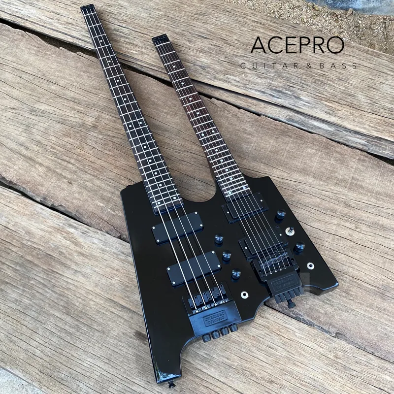 Black Color Double Neck Headless Electric Guitar 4 String Bass + 6 String Guitar Tremolo Bridge Black Hardware Free Shipping