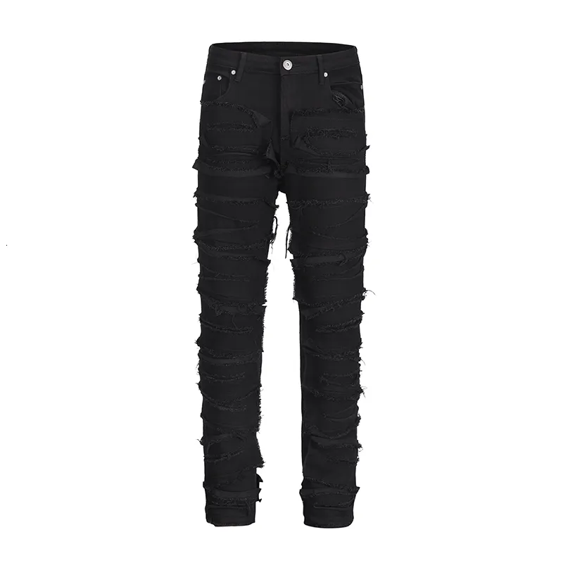 Jeans da uomo Harajuku sfilacciati pantaloni neri retrò strappati da uomo e da donna pantaloni dritti strappati con foro tinta unita larghi in denim casual 230606