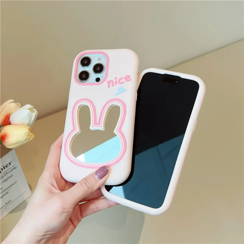 3D -stötsäkert fodral för iPhone 12 13 Pro Max 14 Makeup Mirror Rabbit Soft Silicone Cover