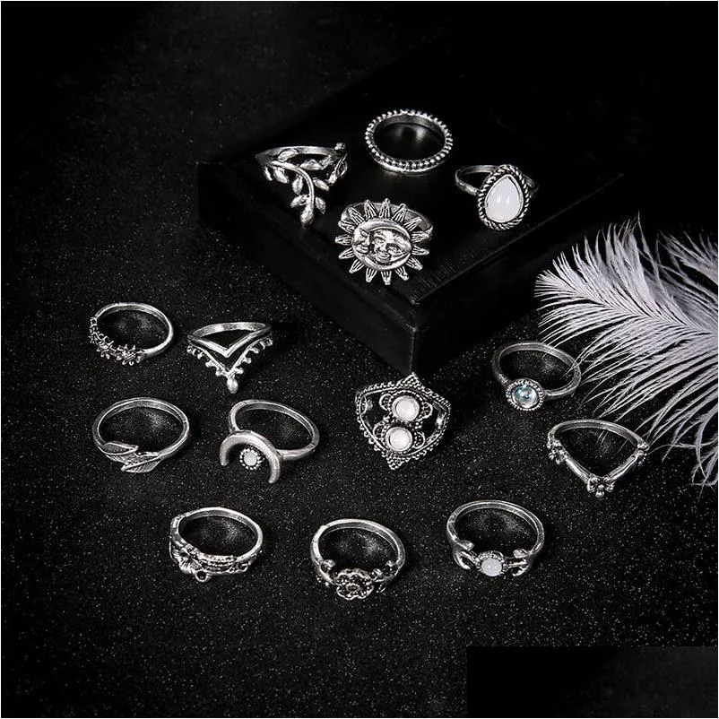 Cluster Ringe Stein Stapeln Krone Mond Blatt Blume Tropfen Midi Knuckle Ring Set Frauen Modeschmuck Will und Sandy Lieferung Dhhjy