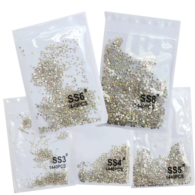 Tırnak Sanat Dekorasyonları SS3SS8 1440PCS Clear Crystal AB Gold 3D Düzeltmeyen Düz Rhinestones Ayakkabı ve Dans Dekorasyonu 230606