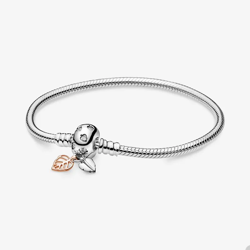 Bracelet à breloques fermoir feuille bicolore pour Pandora 925 Sterling Silver Snake Chain Bracelets bijoux de créateur pour femmes filles cadeau de fête bracelet avec boîte d'origine