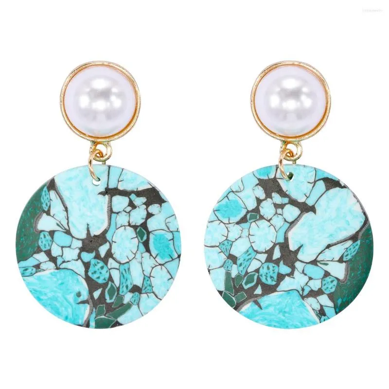 Pendientes colgantes Vintage hechos a mano con estampado abstracto, pendiente de gota de arcilla polimérica geométrica redonda para mujer, diseño único, joyería con pasador de perlas