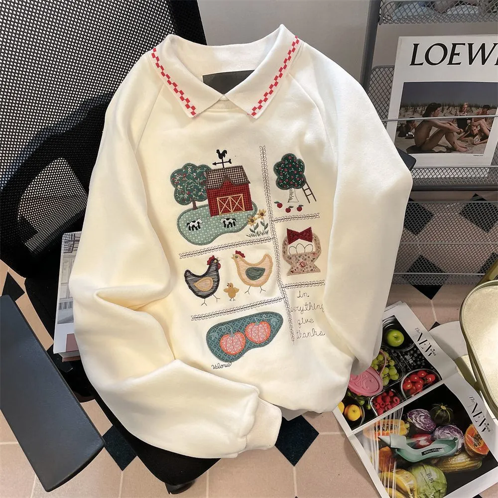 Womens hoodies tröjor överdimensionerade kvinnor Polo Spring Lapel Pullover Designer Cartoon Embroidery Lång ärm Löst koreanska toppar Kläder 230605