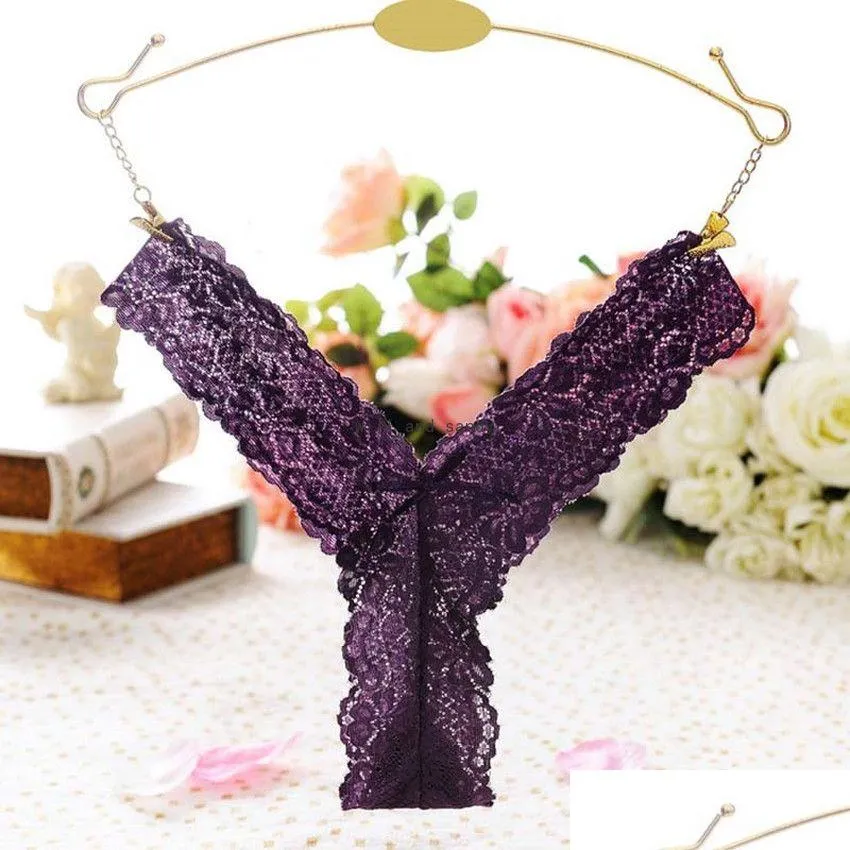 Kvinnors G-strängar kvinnor V Form Floral Lace G String trosor Lågökning Underkläder Underkläder Kvinnor Tongs T Back Clothes Will och Sandy Dh137