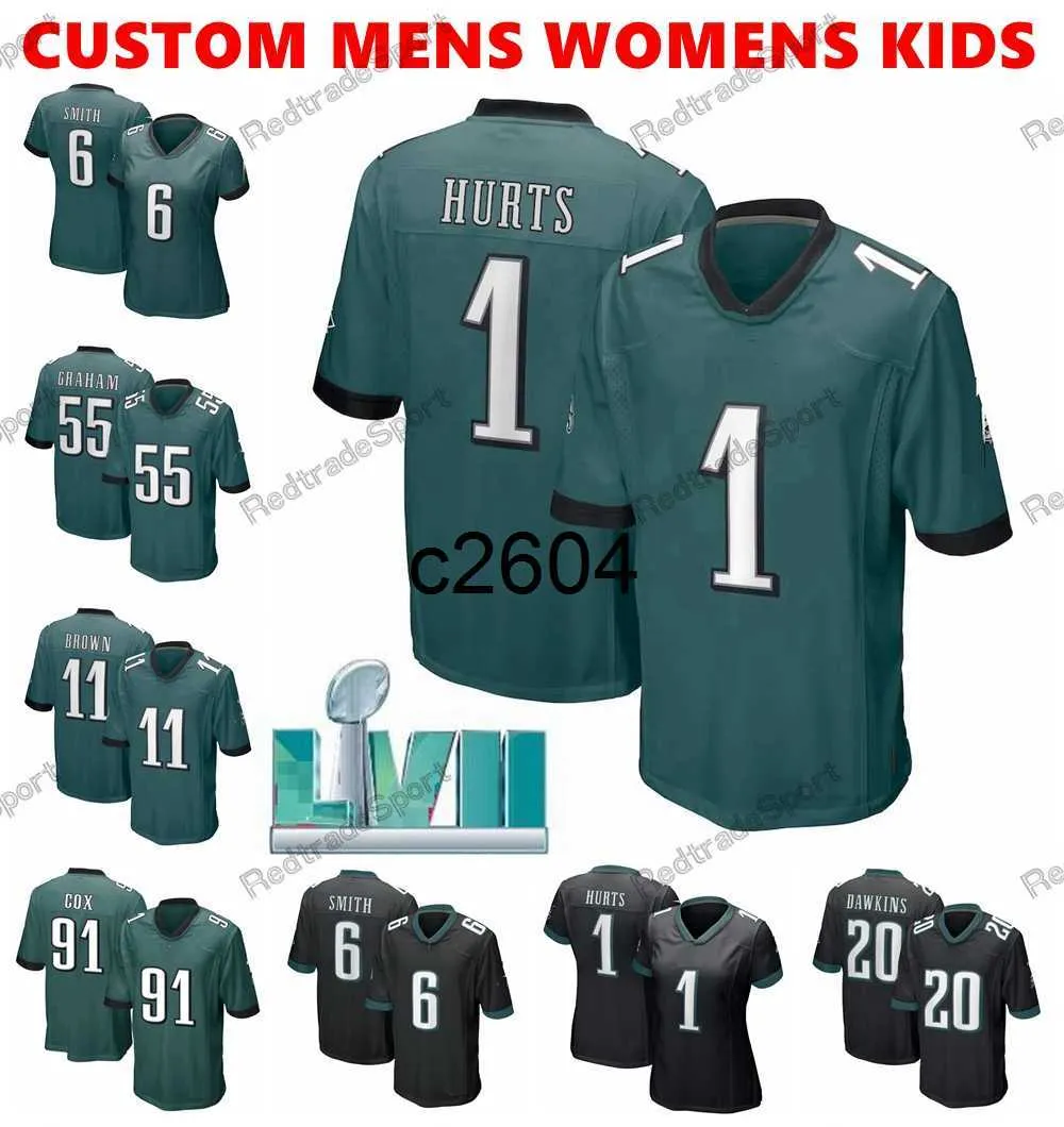 c2604 LVII Voetbalshirts Heren Dames Jeugd Jason Kelce Jalen Hurts AJ Brown Slay Jr DeVonta Smith Goedert Graham Cox Reddick Swift Mailata 81 Owens Dawkins Cunning